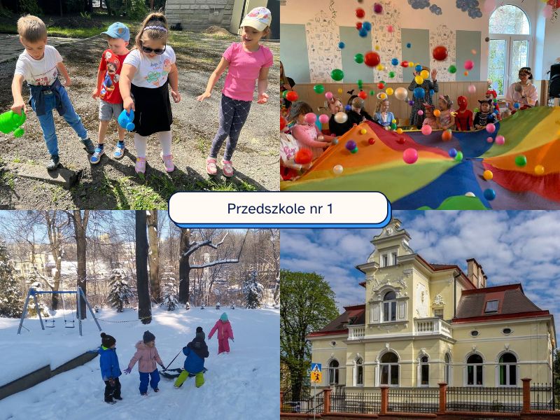 Kolaż czterech zdjęć z napisem „Przedszkole nr 1”. Na zdjęciach widać małe dzieci podczas zabawy: na zewnątrz latem, w sali z kolorową chustą i piłeczkami oraz zimą na śniegu. W prawym dolnym rogu znajduje się jasny budynek przedszkola.